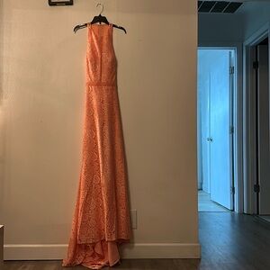 Lace and Beads Coral Halter Maxi open back Gown with Train